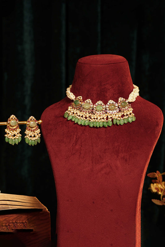 Traditional Green Kundan Stone Choker Set – Handmade Wedding Necklace Set