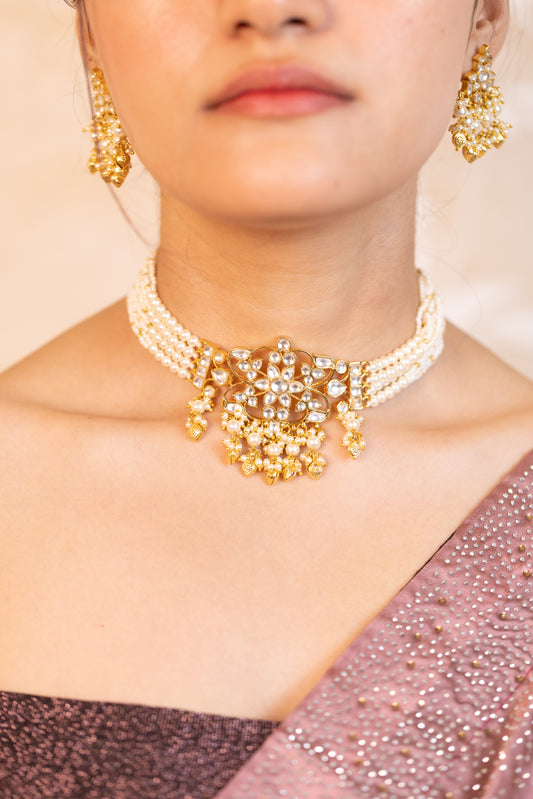 Handmade Pearl Drop Gold Choker Necklace Set – Traditional Bridal Jewelry