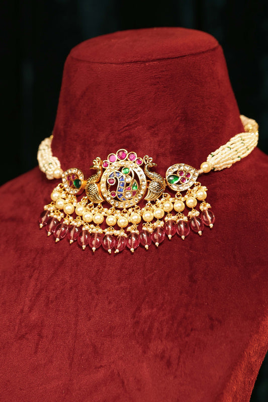 Peacock Design Pearl Choker Set – South Indian Bridal Necklace Jewelry