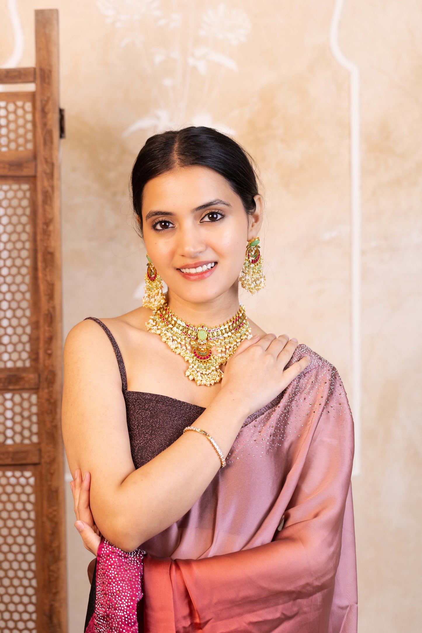 Designer Green Bridal Choker Set – Kundan Polki Necklace with Earrings, Indian Wedding Jewelry