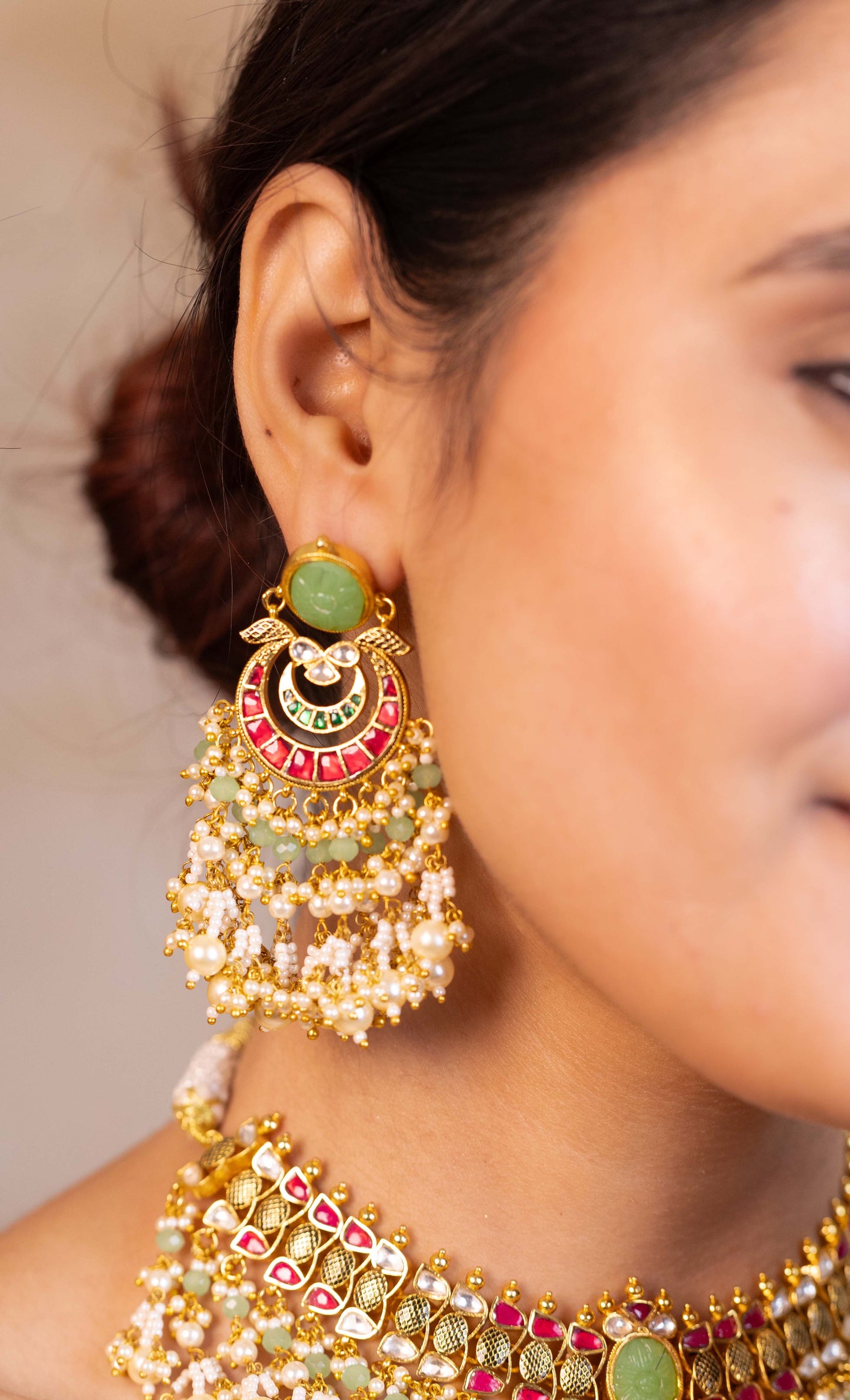 Designer Green Bridal Choker Set – Kundan Polki Necklace with Earrings, Indian Wedding Jewelry