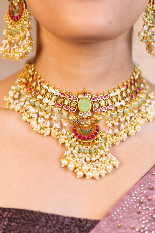 Designer Green Bridal Choker Set – Kundan Polki Necklace with Earrings, Indian Wedding Jewelry