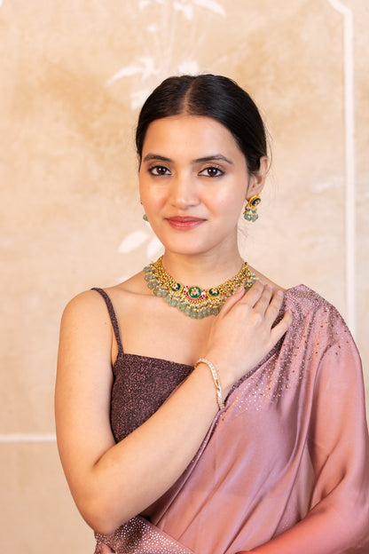 Green Kundan Beaded Choker Necklace Set – Traditional Bridal Jewelry
