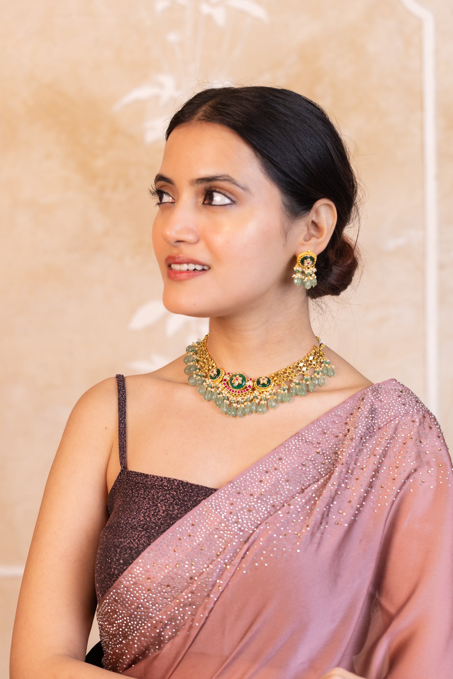 Green Kundan Beaded Choker Necklace Set – Traditional Bridal Jewelry