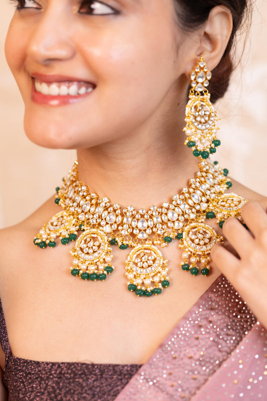 Elegant White & Green Bridal Kundan Choker with Matching Earrings