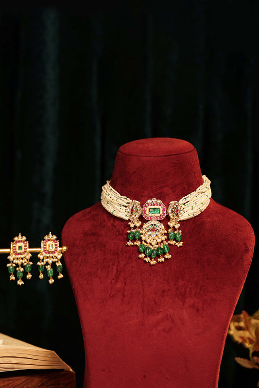 Bridal Green Pink Kundan Choker & Earrings Set – Bridal Indian Necklace