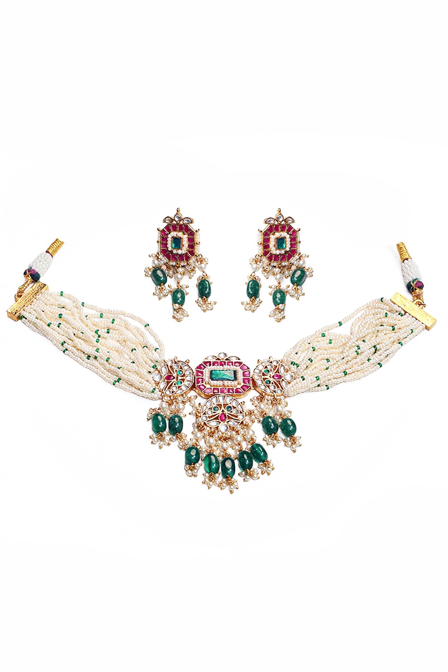 Bridal Green Pink Kundan Choker & Earrings Set – Bridal Indian Necklace