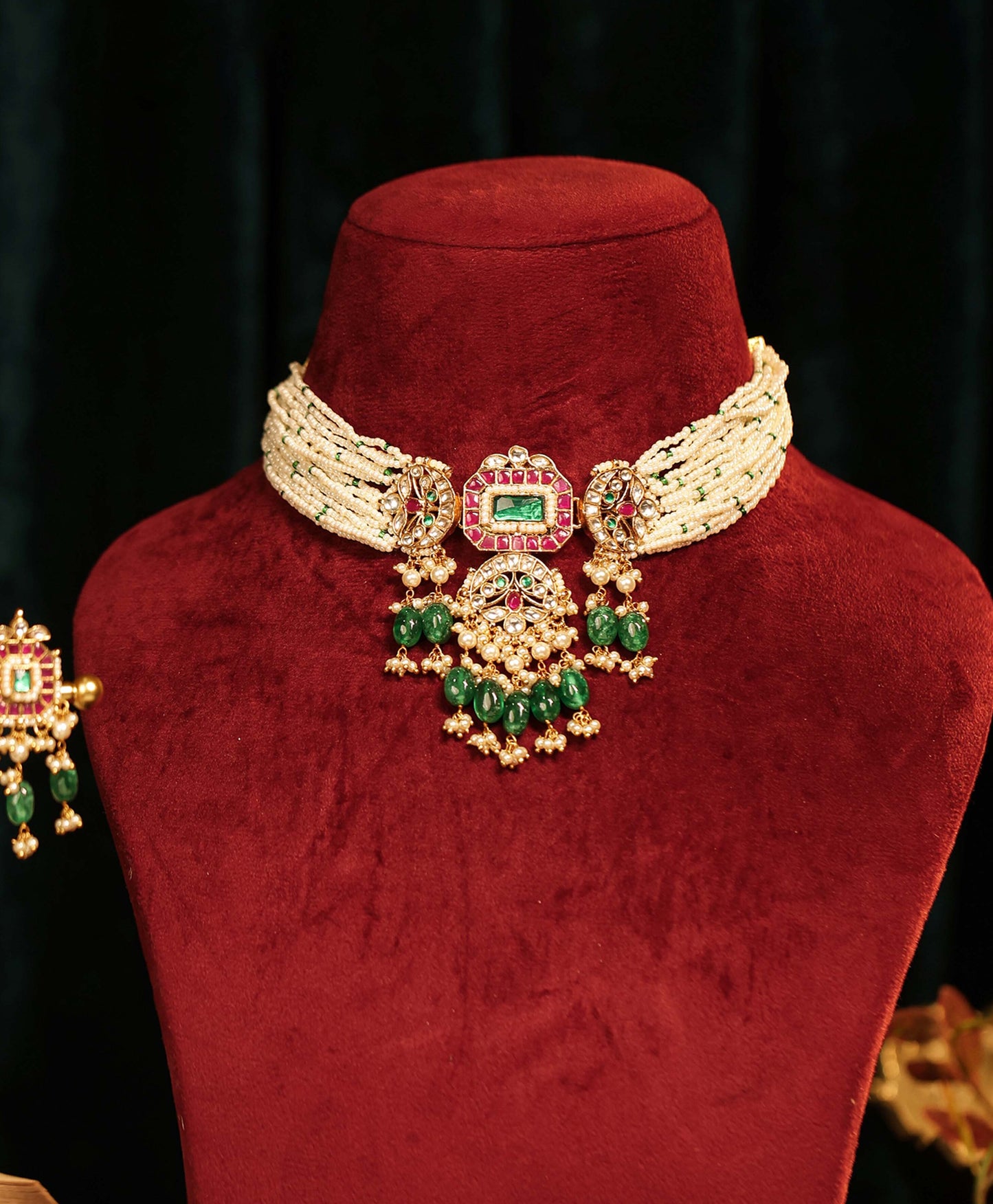 Bridal Green Pink Kundan Choker & Earrings Set – Bridal Indian Necklace