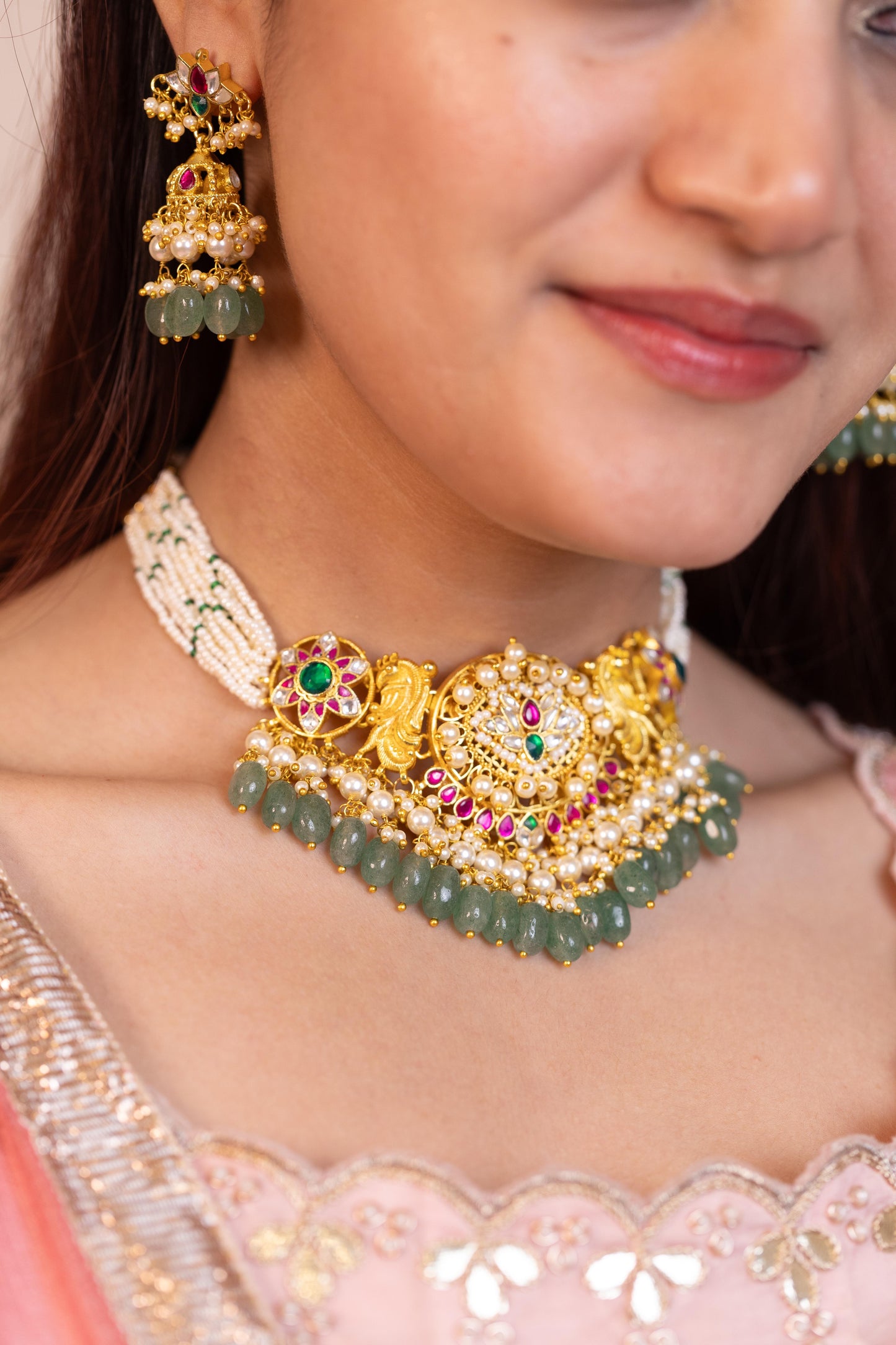 Statement Emerald & Pearl Bridal Necklace Set – Handmade Wedding Necklace Jewelry