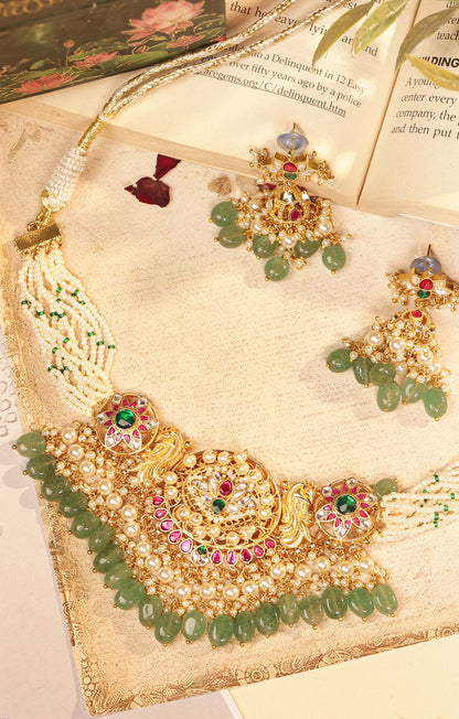 Statement Emerald & Pearl Bridal Necklace Set – Handmade Wedding Necklace Jewelry