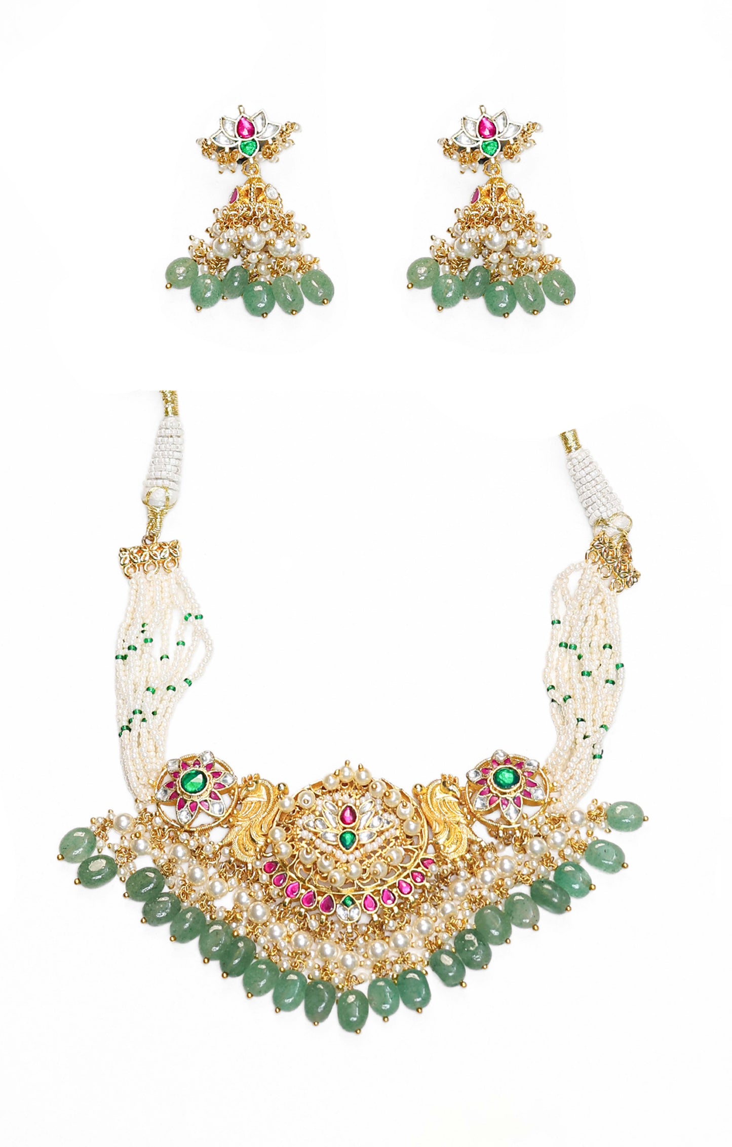 Statement Emerald & Pearl Bridal Necklace Set – Handmade Wedding Necklace Jewelry
