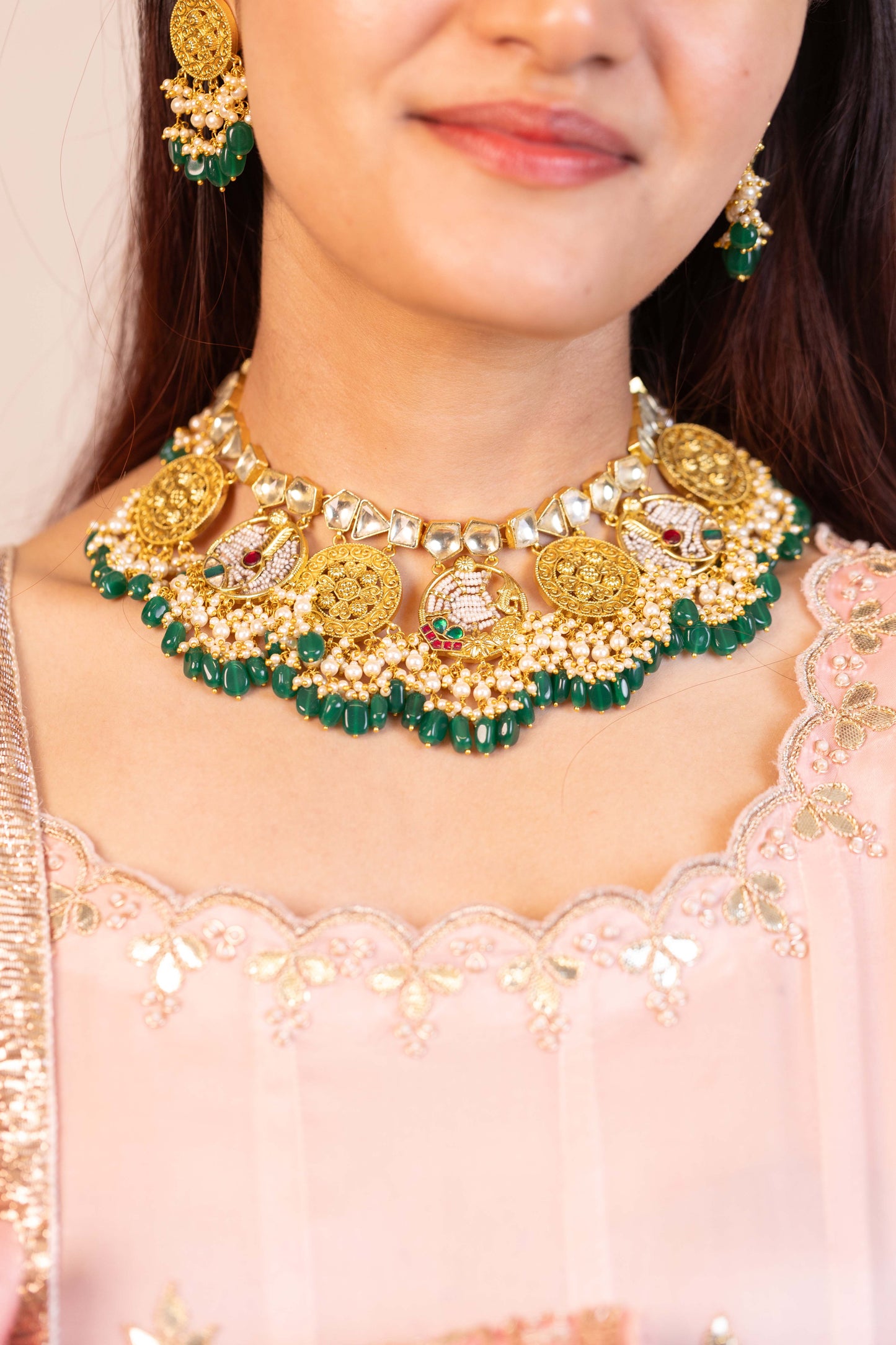 Prithika Green Beads Kundan Choker Necklace – Traditional Indian Jewelry