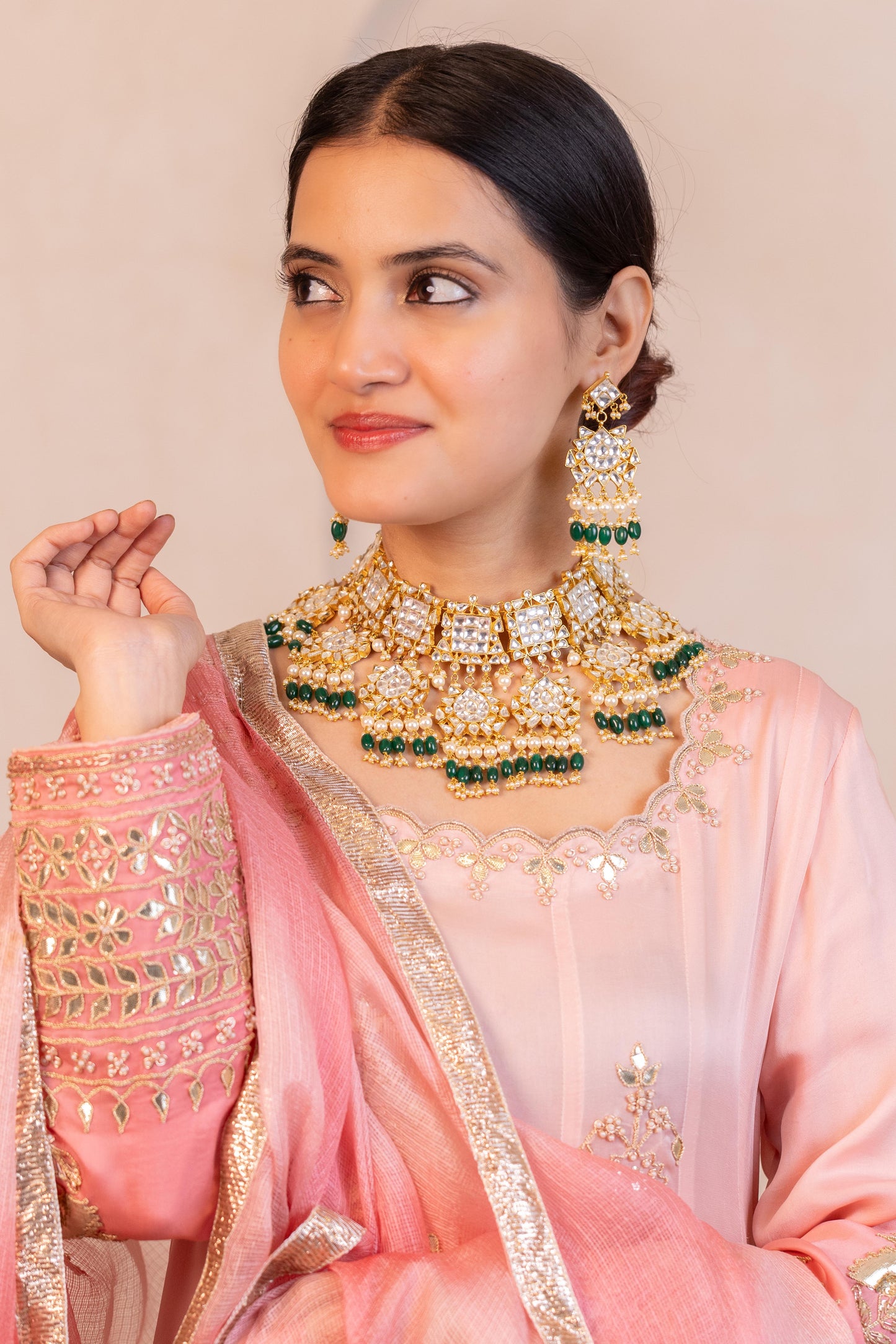 Harshita Designer Green Bead Pearl Kundan Choker Set for Weddings