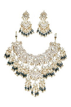 Bridal Necklace Set with Green Beads & Pearl Stone Earrings Jewelry