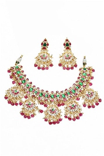 Kundan Choker Set Necklace, Pink & Green Stone, Gold Plated Wedding Jewelry