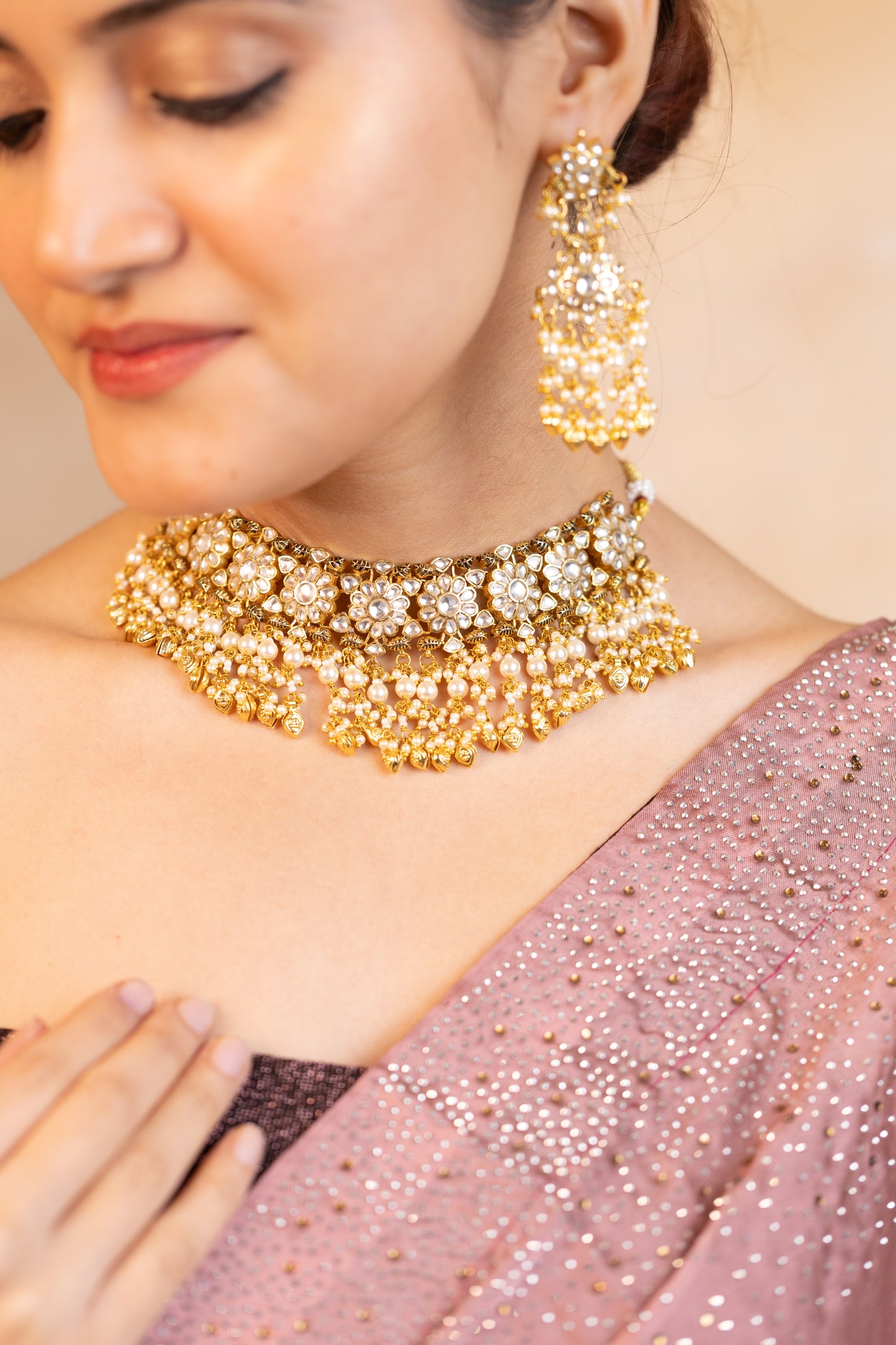 Traditional Heritage Gold Pearl Choker Set – Indian Wedding Necklace Set